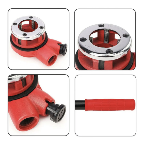 This 62 model light-duty 6-head pipe threading machine is equipped with 6 sets of multi-sized die sets that are compatible with full-size pipes. It is lightweight, portable and easy to operate, with alloy steel cutting edges that are sharp and durable. The threading is precise and the sealing is good. The complete set of accessories comes with a storage box. It is a professional tapping tool for water heating installation and pipe maintenance.