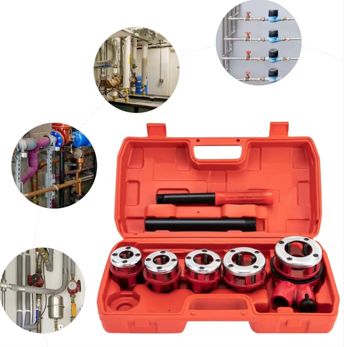 Model 62 manual pipe threading set, containing 5 different size die heads, equipped with an operating handle and a plastic storage box. No electricity is required. It can be operated manually to thread pipes, suitable for regular steel pipes and galvanized pipes. It is suitable for water heating pipe installation and maintenance, and is convenient to carry and store. It is a commonly used manual tool for water heating pipe construction and maintenance.