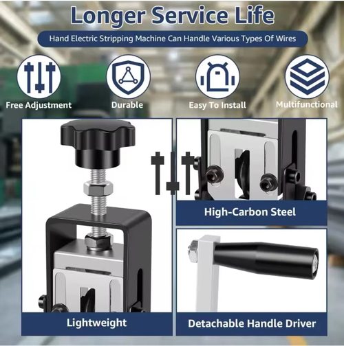 This wire stripping machine is compatible with various wire specifications. The high-carbon steel blades precisely strip the wires without damaging the copper core. The long handle is convenient and easy to operate. It can be connected to an electric drill for semi-automatic batch processing. The metal body is durable and sturdy. It is portable and can be fixed. It is an efficient wire stripping tool for electricians and DIY enthusiasts.