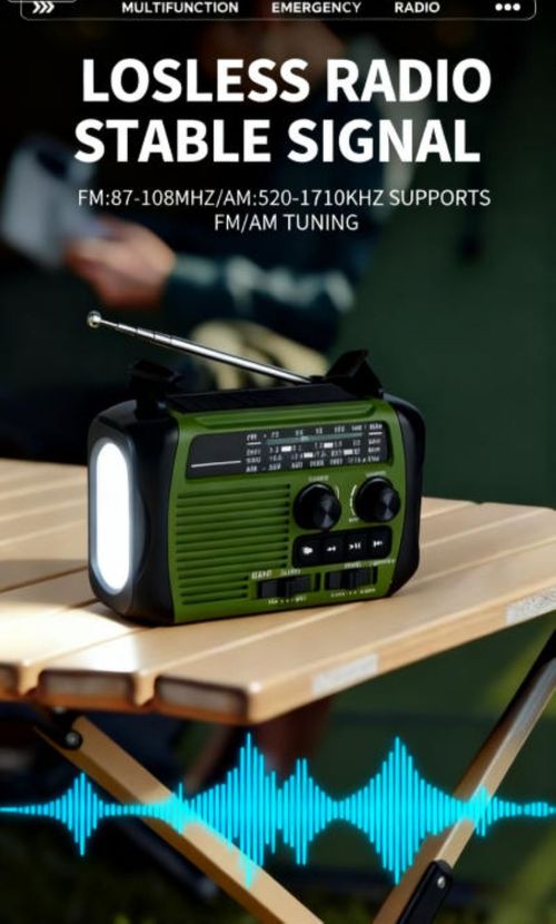 Emergency multi-functional radio, supports multi-band radio reception, equipped with hand-crank and solar power charging, 1800mAh battery can power the device. It also comes with SOS alarm, strong light flashlight, water-resistant and shock-resistant. It can be used as an audio device in daily life, and serves as a survival support station in emergencies. It is a must-have for both home and outdoor emergency situations.