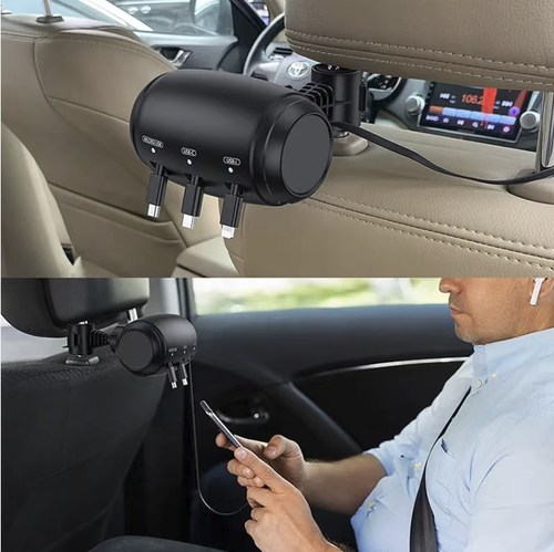Vehicle-mounted three-in-one extension charging cable box, equipped with three types of universal charging connectors, the cable can automatically retract and store. The clip has anti-slip function and securely fixes the headrest, without damaging the interior of the vehicle. It can meet the fast charging needs of multiple devices for one vehicle, eliminating the mess of wires and being applicable to both private cars and ride-hailing vehicles.