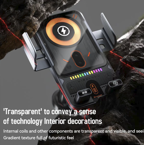 Infrared sensor car-mounted wireless fast-charging stand, automatically electrically clamps when close, high-power wireless fast-charging with ventilation holes, bottom RGB gradient atmosphere lights. Air outlet adjustable base with 360° angle adjustment, soft rubber non-slip surface to prevent damage to the phone, compatible with various wireless charging mobile phones, dual function of driving navigation and charging.