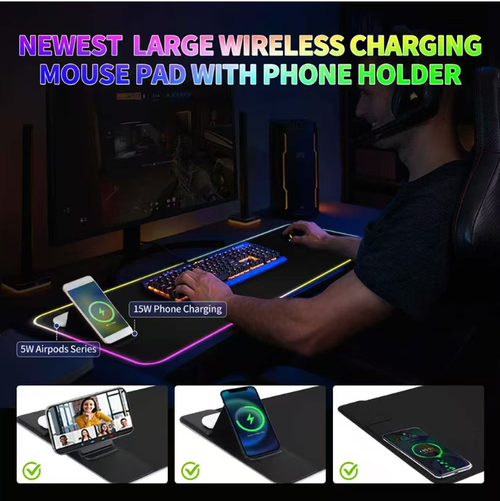 This 3-in-1 wireless charging RGB mouse pad is a lifesaver for your desktop: It has two wireless charging zones that support Qi devices, an 80×40cm oversized size providing smooth support, and RGB lighting effects with multiple modes for touch control. It's plug-and-play and suitable for gaming, office work, and dormitories, making your desktop free from tangled wires and creating a full-on atmosphere. Say goodbye to the annoyance of tangled charging cables.