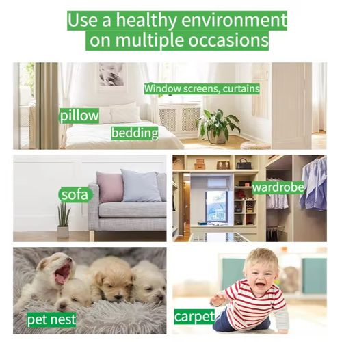 Green Pepper Allergen Removing Spray comes with a built-in nozzle. Just spray once to kill the mites, and it doesn't require rinsing or drying. It's made with natural green pepper ingredients,safe for both babies,pets and adults. It provides protection for 15 days after one application. Order today and get 8 bottles. They are enough for all the corners of your home. Stock up for the changing seasons and enjoy a refreshing and sterile life！