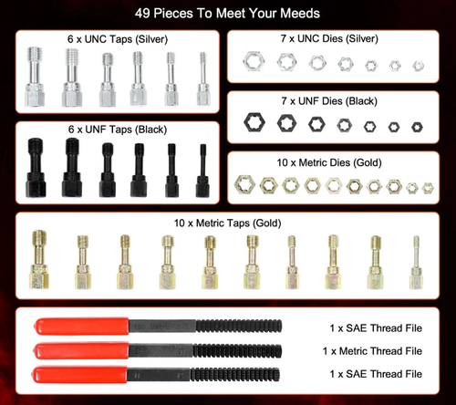 Thread Repair Magic Tool,A 49-piece set of bolt and nut repair tools, durable and easy to operate. It covers functions such as thread repair and rust prevention and disassembly. Even beginners can easily repair stripped or rusted bolts, making it an excellent assistant for auto repair and mechanical maintenance.