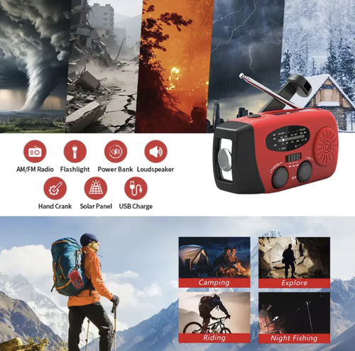 This multi-functional emergency radio supports three power sources: solar energy, hand-crank, and USB. It is equipped with a 2000mAh battery. It covers the AM, FM, and NOAA full frequency bands and comes with a high-brightness dual-mode flashlight that can charge your mobile phone. It is portable and durable, providing reliable protection for both outdoor and home emergencies. It ensures the safety of you and your family.