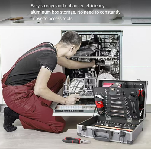 This 810-piece aluminum box handle tool set includes a variety of tools such as sockets, wrenches, screwdrivers, etc. It is made of high-carbon steel and is durable and sturdy. The multi-layer aluminum box is equipped with handle wheels for easy portability and organized storage. It is suitable for automotive maintenance, repair, and home DIY projects, making it an all-round choice for efficient repairs.