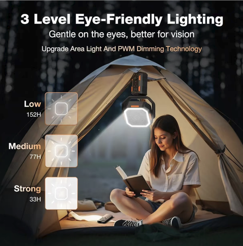 Multi-functional charging camping fan, combining ventilation and lighting functions, with multiple speed and brightness adjustment options. Equipped with a telescopic stand, it can be placed on the ground or hung up. It has a large capacity lithium battery for long-lasting power, and the body is durable and sturdy. Suitable for various scenarios such as camping, fishing, home use, and construction sites.