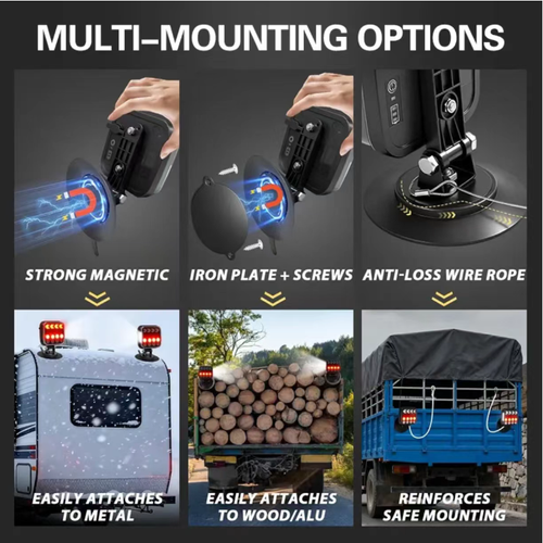LED magnetic tail light, with 5 different light patterns covering all scenarios such as steering and braking, IP67 waterproof feature ensuring no damage from splashes. 9-hour long battery life + battery level display. Compatible installation methods for all vehicles. Can be adapted to campers, trucks, yachts without modifying the circuit. Provides clear signals for night travel, effectively ensuring safety.