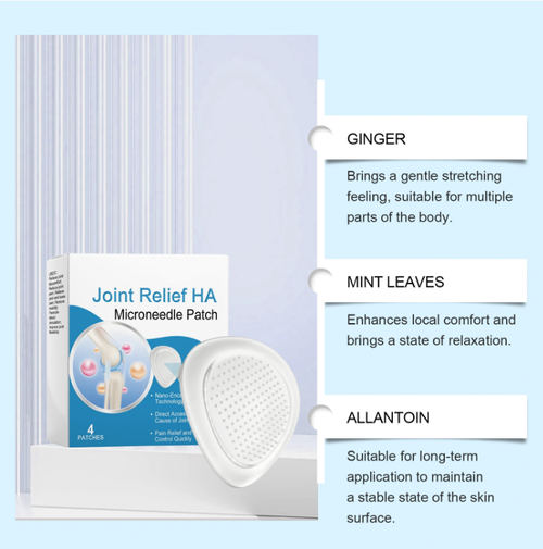 One box contains 4 joint-relieving patches. They adopt micro-needle transdermal technology, with herbal extracts and HA components directly reaching the joints to relieve pain, swelling and provide nutrition. The patches adhere firmly and are skin-friendly, with long-lasting effects. They are suitable for post-exercise recovery and daily maintenance, helping joints regain flexibility and enhancing the freedom of daily life.