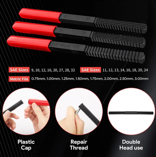This set of thread repair tool kit is stored in a hard tool box and includes various specifications of accessories such as taps, die sets, and wrenches. It can be used to smooth out rust, burrs, and minor damages on both the inner and outer threads, restoring the engagement of screws and nuts. It is suitable for automotive repair and hardware maintenance. The operation requires applying force evenly. After use, clean up properly and store it in a safe place.