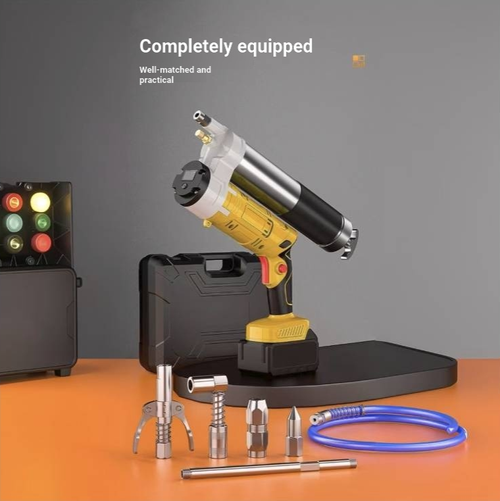 Rechargeable lithium battery electric grease gun, with a rotating nozzle design, stable high-pressure grease output, suitable for adding lubricating grease to agricultural machinery, trucks and construction machinery. Comes with multiple specifications of oil nozzles, equipped with hard pipe and soft pipe, included in a tool box, with a built-in shoulder strap, easy to operate with less effort, suitable for outdoor equipment maintenance and repair operations.