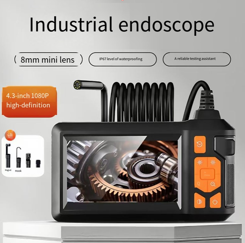 This industrial endoscope is an excellent tool for addressing blind spots: featuring a 4.3-inch 1080P screen and an 8mm mini lens, it can bend and probe narrow gaps. The back support frees up your hands. It is IP67 waterproof and has a 2000mAh battery life. It comes with a magnetic hook and is suitable for various maintenance scenarios. The operation is simple and labor-saving.