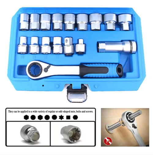 This 17-piece through-hole ratchet sleeve set features a through-hole shaft design, capable of handling slippage and irregular bolts. The double 72-tooth ratchet is highly efficient and effortless to use. The chrome-vanadium steel material is durable and sturdy. The specifications are complete and suitable for various scenarios. When paired with a portable toolbox, it becomes an excellent assistant for auto repair and maintenance.