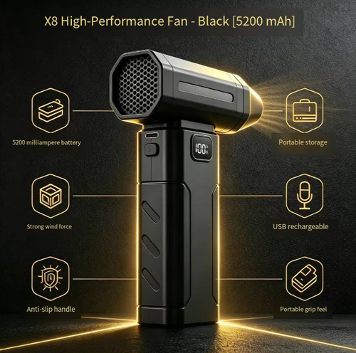 This black handheld wireless cleaning fan is equipped with a 5200mAh battery and can be charged via USB. It features an electricity display screen and an auxiliary lighting lamp, allowing for adjustable air outlets. The strong wind is used for dust removal. The device is compact and portable, with a non-slip handle. It is suitable for cleaning floating dust and debris at home or in the car. Please do not block the air outlet when using it.