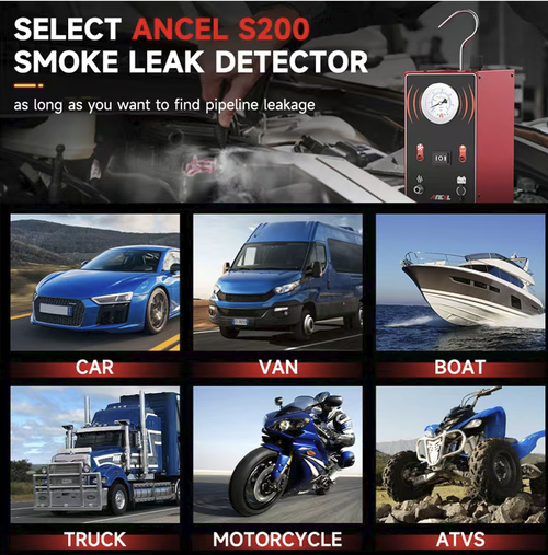 This automotive smoke leak detector supports multi-system detection including intake, EVAP, turbo, and exhaust systems, and can solve 80% of pipeline leakage problems. It features dual independent modes for air and smoke, enabling precise location of leakage points through visual smoke detection. It also includes pressure monitoring, built-in overheat and anti-freeze protection, making it suitable for efficient fault diagnosis in both auto repair shops and DIY scenarios.