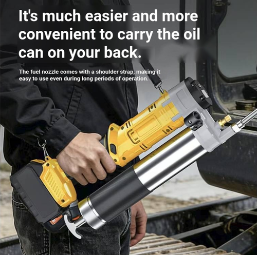 Rechargeable lithium battery electric grease gun, with a rotating nozzle design, stable high-pressure grease output, suitable for adding lubricating grease to agricultural machinery, trucks and construction machinery. Comes with multiple specifications of oil nozzles, equipped with hard pipe and soft pipe, included in a tool box, with a built-in shoulder strap, easy to operate with less effort, suitable for outdoor equipment maintenance and repair operations.