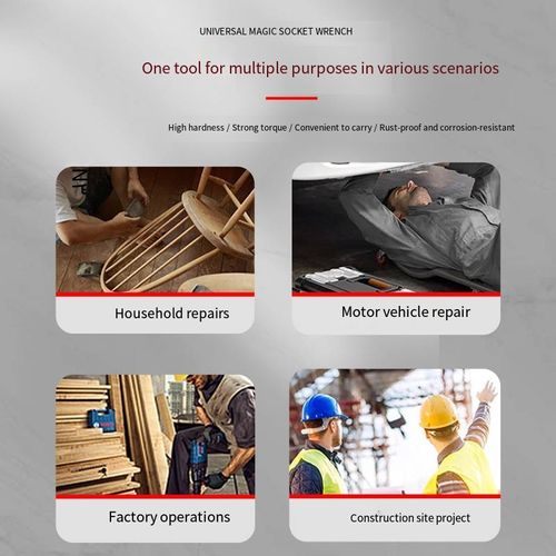 Newly upgraded adjustable universal socket wrench set: Compatible with electric wrenches, electric drills, ratchet wrenches. Automatically engages multiple specifications of screws and nuts. Made of high-hardness chromium-vanadium steel. Rust-proof and wear-resistant treatment. Quick disassembly and easy operation design. Suitable for multi-scenario use in household repairs, car maintenance, mechanical processing, construction sites, etc. A multi-functional hardware tool combination.