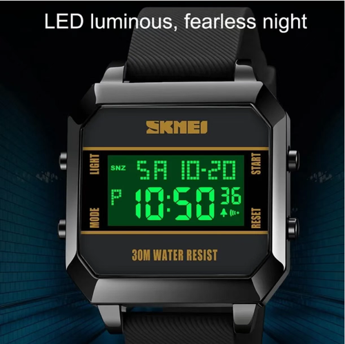 This SKMEI digital wristwatch gift box features a square-shaped case with a black and yellow color contrast that gives a retro look. It is 30 meters waterproof and suitable for daily use. The backlight and date display are practical. The soft-touch strap is comfortable. The gift box itself has a high-quality texture, adding a sense of ceremony when giving as a gift or keeping for oneself. It is a versatile companion for both fashion and functionality.