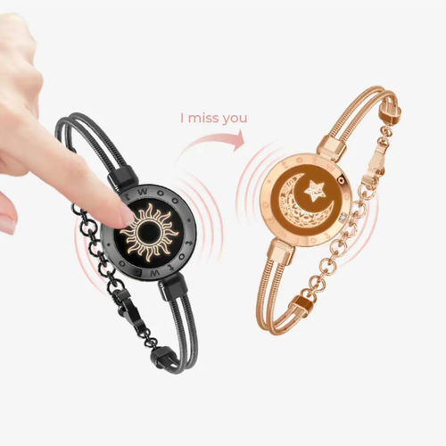 The Sun-Moon Couple intelligent sensor bracelet features a black-gold sun design and a rose-gold star-moon design in pairs. When touched, it triggers a flashing vibration response, conveying thoughts that transcend distances. The textured metal bracelet is versatile and durable, making it a romantic token for distant lovers to interact and for expressing feelings on Valentine's Day. It witnesses every bit of care and commitment in a relationship.