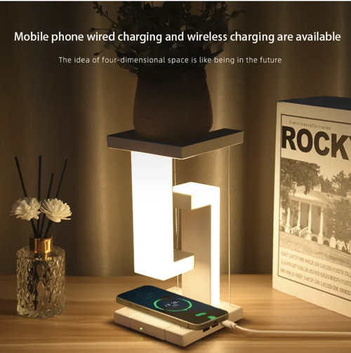 Floating desk lamp with wireless charging. The floating design has a very artistic feel. It features both wireless charging and a USB interface, meeting the charging needs of multiple devices. Intelligent touch control for dimming, with a 4W LED light source that is gentle and good for eyes. The lightweight design weighs only 0.3kg. It is both a desktop art piece and a comprehensive assistant for lighting and charging, making the desktop have both aesthetics and practicality.