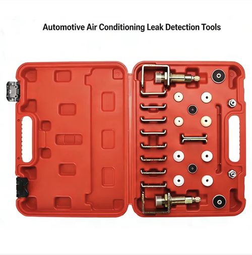 A complete set of leak detection and sealing tools for car air conditioning. It is compatible with various types of vehicle pipes and can be used for pressure testing to achieve airtightness and accurately locate refrigerant leaks. The accessories are stored in an anti-drop toolbox. The sealing gasket has strong airtightness. It is specifically used for leak detection, sealing and repair of vehicle air conditioning systems in auto repair shops. The operation is convenient and efficient.
