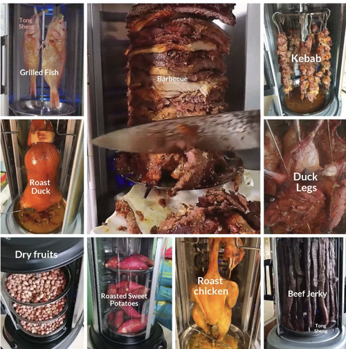 Smoke-free rotating oven, 360° automatic rotation for heating, with even heat distribution and crispy outside while tender inside. Dual knob temperature control, smoke-free and without open flame. This oven can handle chicken, duck, barbecued pork, and skewered meat all in one. The stainless steel body with a glass window is easy to clean and resistant to heat. It is suitable for both home use and street vending. It can effortlessly create the flavor of restaurant-grade barbecue.