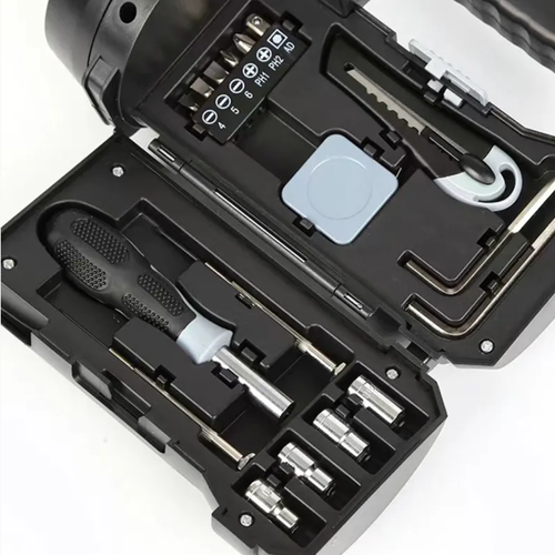 18-in-1 flashlight tool set, combining lighting and tools into one. The strong light flashlight has a stable grip, and the soft light-strong light dual mode is suitable for night use and emergencies. Inside the case, there are 18 tools: hammer, wrench, socket, scissors, etc. It can be folded into a mini toolbox for storage. It can handle home repairs, outdoor camping, and vehicle emergency situations. It is practical for both personal use and as a gift.