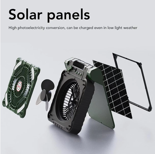 This solar-powered portable outdoor fan is equipped with an efficient solar panel and a 5200mAh battery, supporting Type-C fast charging and mobile phone recharging. It offers three lighting modes and powerful air circulation. It is foldable, portable, and has a compact size. It is an all-weather cooling station for camping, fishing, street vending, and emergencies. It is also your outdoor energy manager.