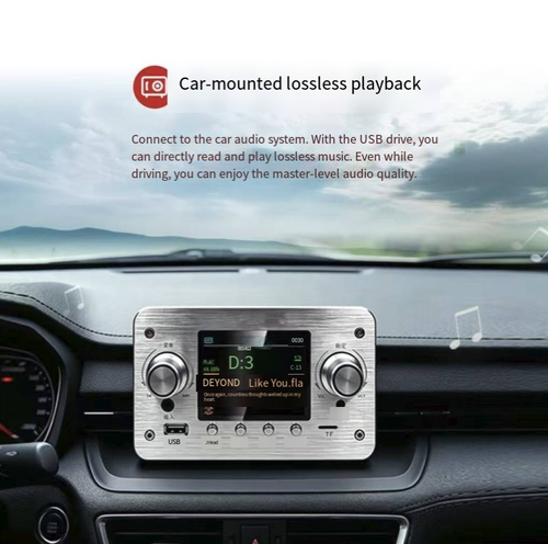 A high-end lossless music player with an aluminum body featuring excellent texture. The color screen can display lyrics and track names, supports decoding of various lossless formats, and has a delicate and clear sound quality. It has dual inputs via USB and TF card, adjustable multiple playback modes, and can be controlled by a knob and remote control. It can be connected to an audio system and is very suitable for home listening.