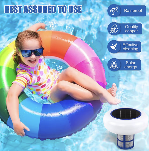 Solar-powered floating swimming pool water purification equipment is powered by solar energy and does not require wiring or electricity consumption. It floats on the water surface and operates continuously. It purifies the water body and significantly reduces the use of disinfectant chemicals. The detachable filter screen makes it easy to clean impurities, with low consumable costs, water resistance and durability. It is suitable for all types of household swimming pools.