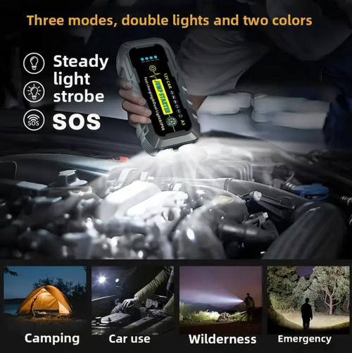 This 12V automotive emergency starting power supply can instantly start a dead battery vehicle with strong current. The 22200mAh large capacity supports fast charging for multiple devices. It features multiple modes of LED emergency lighting + SOS distress signal. With IP66-level waterproofing, multiple safety protections, it is small and portable, and is a must-have safety device for car owners on their own travels.
