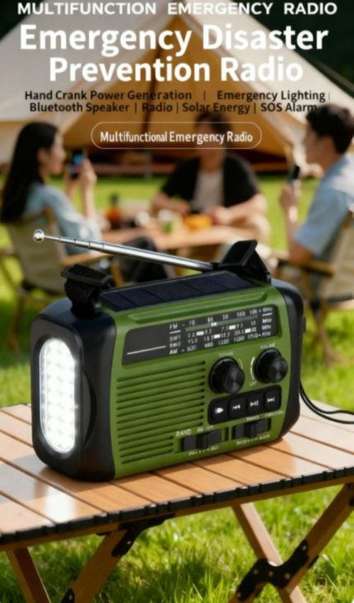 Emergency multi-functional radio, supports multi-band radio reception, equipped with hand-crank and solar power charging, 1800mAh battery can power the device. It also comes with SOS alarm, strong light flashlight, water-resistant and shock-resistant. It can be used as an audio device in daily life, and serves as a survival support station in emergencies. It is a must-have for both home and outdoor emergency situations.