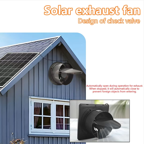 25W solar-powered 8-inch exhaust fan, 12V low-voltage plug-free operation, quiet and high-volume exhaust. Comes with a long-line solar panel with a switch, which can ventilate independently on sunny and cloudy days, preventing moisture and odor. Suitable for greenhouses, pet enclosures, storage attics, etc. Outdoor waterproof and sun-resistant, no wiring required, zero electricity cost for all-day fresh air circulation.