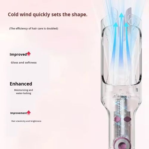 Negative ion cold air groove curling hair dryer. The cold air styling does not damage the scalp. The red light protects the hair, making the hair strands smooth and shiny after curling. The double-tooth comb automatically curls the hair strands, without getting stuck or pulling the scalp. Novices can achieve natural curl in just 5 minutes. It can adjust the temperature to suit different hair types, and the hair will not become frizzy for three days after curling!