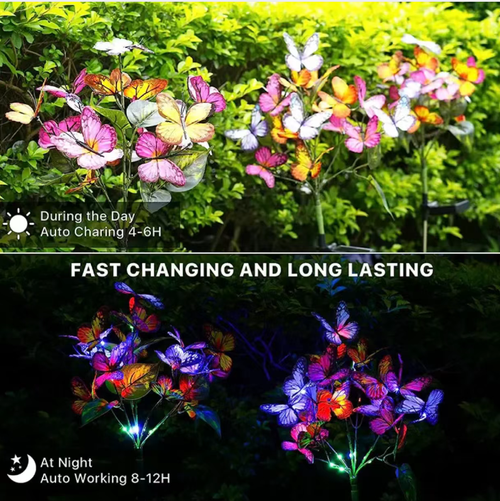 Order today and you will receive 2 solar butterfly floor lamps. The butterfly wings are used as garden decorations during the day and automatically emit warm and soft light at night. No wiring required, zero electricity cost. They are waterproof and durable, creating a romantic and lively summer night atmosphere in your garden or terrace. High practicality makes it an ideal companion for outdoor spaces.