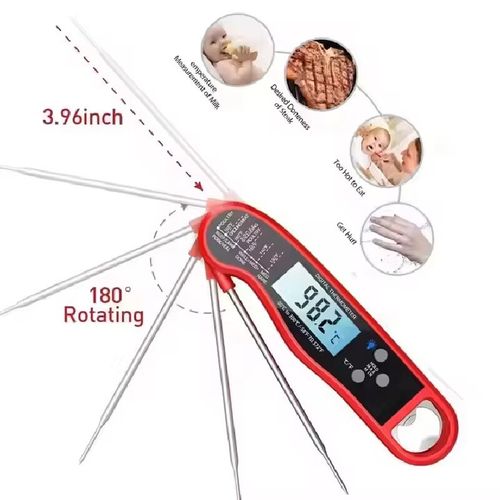 The 3-second rapid measurement folding probe thermometer, with a 3.9-inch probe that instantly shows the core temperature of food, beverages, cooking and baking temperatures, as well as the temperature for baby milk preparation. It is compact and foldable, taking up little space. The large screen display is easy to read. It is a great helper for measuring temperatures in daily life.
