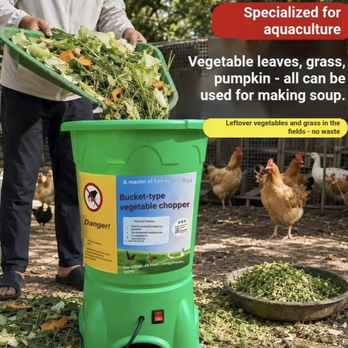 Bucket-type electric vegetable chopper is suitable for crushing green vegetables and cabbages for home farming, as well as for making poultry green feed. The thick plastic bucket body is easy to operate, with one-button start and stop, a large feeding port, and uniform chopping of vegetable leaves. It is convenient to clean and occupies a small space. It is a practical tool for small-scale farmers to handle green feed.