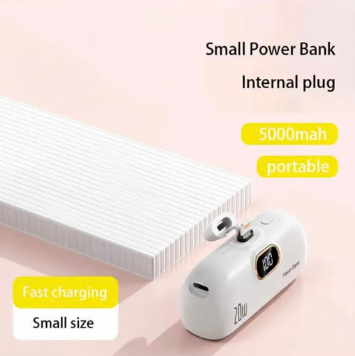 This capsule mini power bank has a capacity of 5000 milliampere and supports 22.5W fast charging. It has an integrated direct plug interface without the need for a data cable. It is equipped with an LED digital display screen for real-time battery level monitoring. It comes with a hanging strap for easy carrying and has multiple safety protections built-in, making it suitable for emergency power supply for mobile phones when going out.