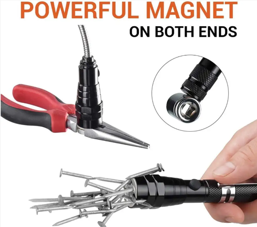 This flexible, magnetic and extendable flashlight can be folded to 17cm for portability, and can be extended to 57cm with a flexible hose that can be bent freely. It can easily enter narrow spaces without any pressure. It has dual strong magnetic attachments, which can also fix tools, it has 3 high-brightness LED lights to illuminate dark corners. It is rust-proof and durable, suitable for automotive repair, decoration and home use. It is the savior for hidden corners in any space.
