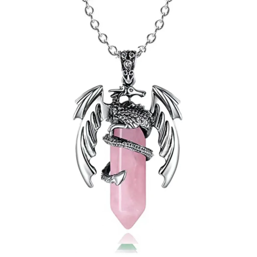 Retro Silver Wing Dragon Wrapped Crystal Pendant: Amethyst is elegant, tiger eye is wild and fierce, and pink crystal is soft and transparent. The texture is delicate and has a medieval filter effect. It is a rare and unique piece that won't clash with other styles. It is a story-telling accessory for the neck. If you place the order today, we will send you a total of 3 types of products: purple quartz, tiger's eye stone, and pink quartz vintage twisted winged dragon-shaped pendant.