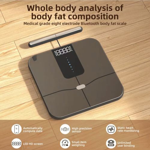 This eight-electrode smart body fat scale offers medical-grade accuracy in monitoring comprehensive health data of the entire body. The invisible LED high-definition screen provides clear readings. It has an ultra-long battery life of 180 days and supports Type-C fast charging. It also enables multiple users in the family to be bound. It is a professional-level monitoring device for home health management and fitness shaping.