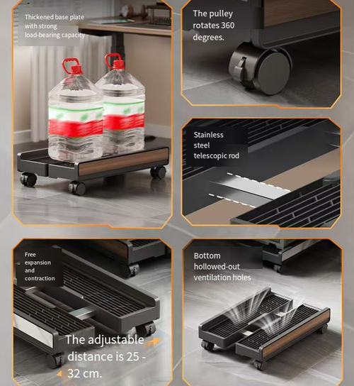 25-32cm adjustable to fit various-sized computer cases. The perforated grille design accelerates heat dissipation. The 360° swivel wheels are equipped with a push-button brake, ensuring stable movement without scratching the floor. The black background with wood grain appearance is simple and elegant, suitable for both gaming and home scenarios. It is a practical choice for hosting and storage of computer equipment.