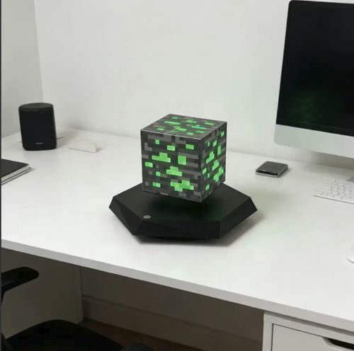 Magnetic levitation mineral lamp set, recreating the mineral pixel design from Minecraft. With a magnetic levitation base, it can be stably suspended and rotate. When lit, it looks like glowing minerals. The soft light can be used as a night light. It also has the functions of desktop decoration and ambient lighting. It is a creative collectible item for gaming enthusiasts. Inject game elements and a sense of technology into the space.