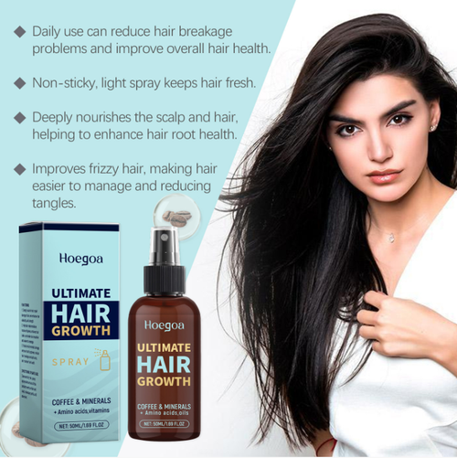 The hair growth spray contains coffee, minerals, vitamins and amino acids. A light spray can deeply nourish the hair strands - it repairs damage from perming and coloring, reduces breakage, and also smooths the frizz and adds shine, making the hair strong and shiny. It has a refreshing and non-greasy texture, and is easy to use anytime with just a light spray. It is portable and doesn't cause any burden.