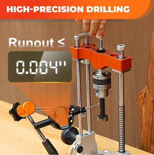 The portable drilling machine's guide bracket is equipped with ball-bearing guide rods for smooth up and down movement. It is compatible with a half inch chuck and can accommodate various drill bits. The all-metal base enables precise control of the drilling depth and supports vertical and inclined drilling. The split structure is lightweight and easy to store. It provides accurate positioning for woodworking and home decoration drilling, and even beginners can drill standard holes.