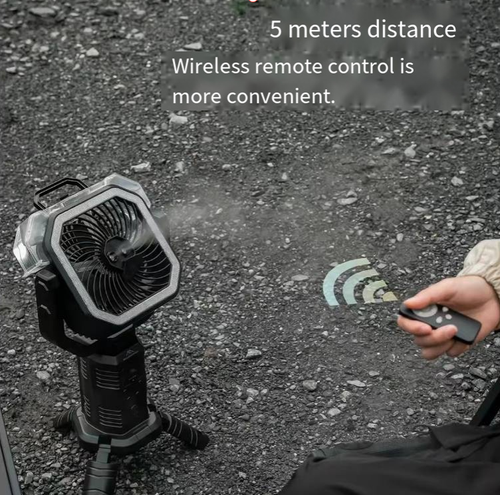 An outdoor multi-functional camping charging fan with a telescopic tripod stand that can be hung or placed horizontally. It can adjust the wind direction in 360°. It comes with a circular camping lamp, wireless remote control for timing, a large-capacity battery for long-lasting power, and supports reverse charging for USB phones. It is an indispensable multi-functional portable fan for outdoor activities in summer.