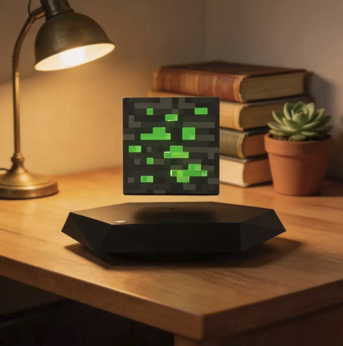 Magnetic levitation mineral lamp set, recreating the mineral pixel design from Minecraft. With a magnetic levitation base, it can be stably suspended and rotate. When lit, it looks like glowing minerals. The soft light can be used as a night light. It also has the functions of desktop decoration and ambient lighting. It is a creative collectible item for gaming enthusiasts. Inject game elements and a sense of technology into the space.