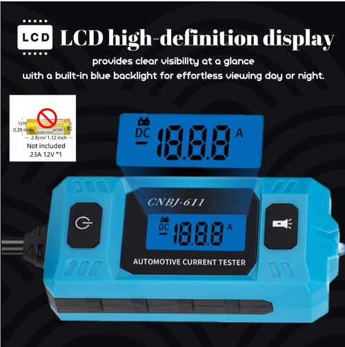Car fuse current tester: Plug-in compatible with multiple vehicle models. The LCD blue screen is clear even in dim light, showing the current precisely in real time. It is easy to detect overloading, short circuits, and other faults. Compact and portable. The interface cables are reinforced and durable. It is suitable for self-inspection by car owners and automotive repair operations. Circuit problems can be identified with just one test.