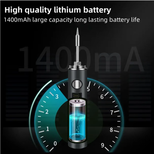This wireless digital soldering iron Type-C can be charged via USB. It has a 1400mAh battery that lasts for 30 minutes. The digital display offers five temperature settings ranging from 260 to 420 degrees Celsius. It also features an LED light to assist in dark corner soldering. It has an automatic sleep function, making it convenient for home repairs and DIY soldering. It eliminates the hassle of tangled wires.